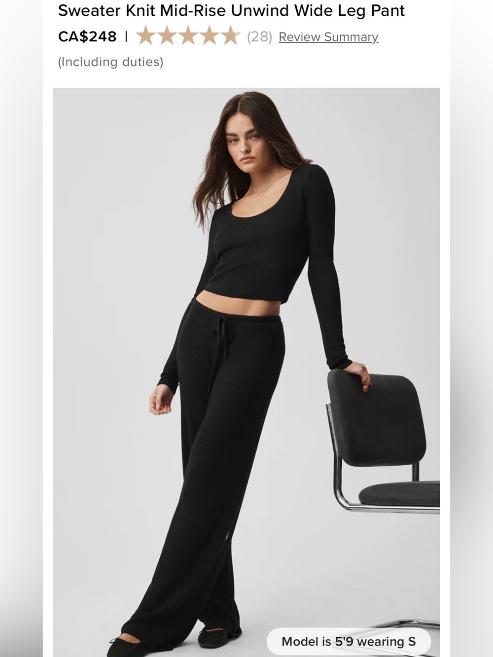 Alo Yoga Knit Pant  Mid-Rise Unwind Wide Leg Women's size L in Black